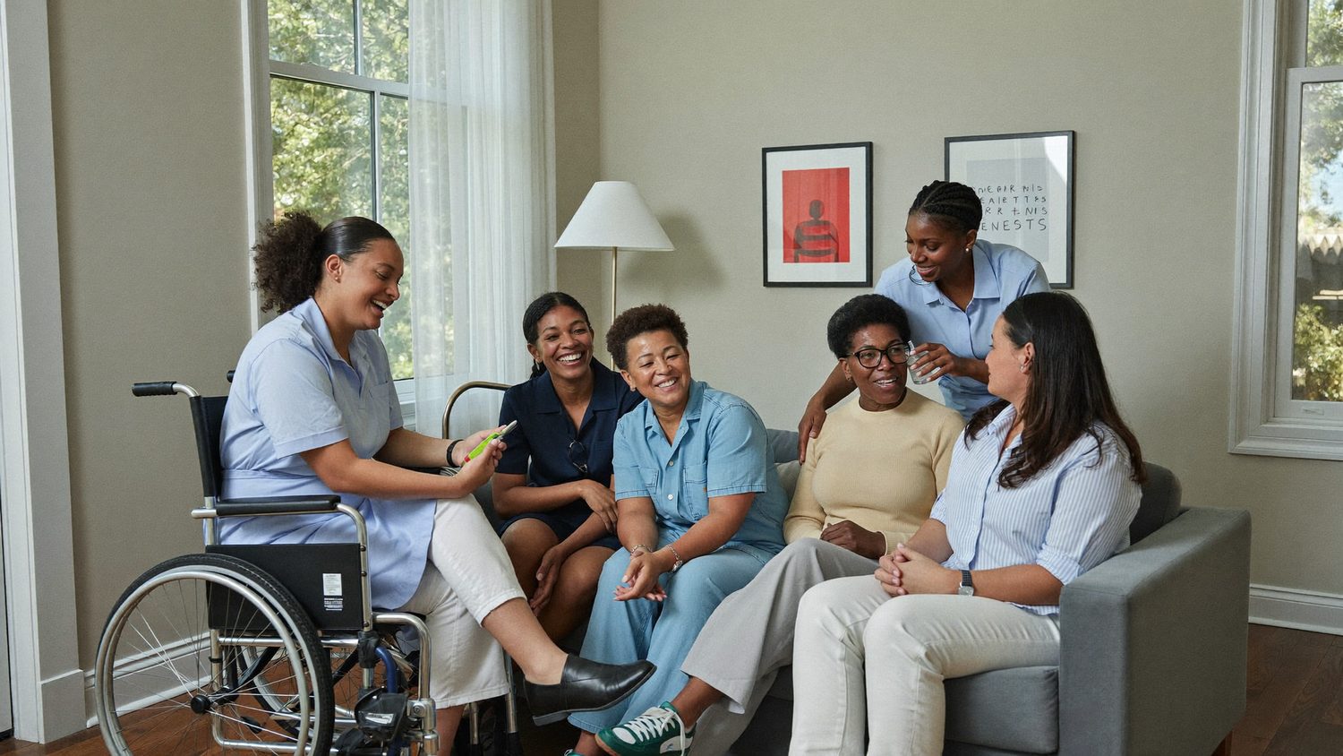 A small group of caregivers and the individuals they support sitting together and smiling in a bright living room.
