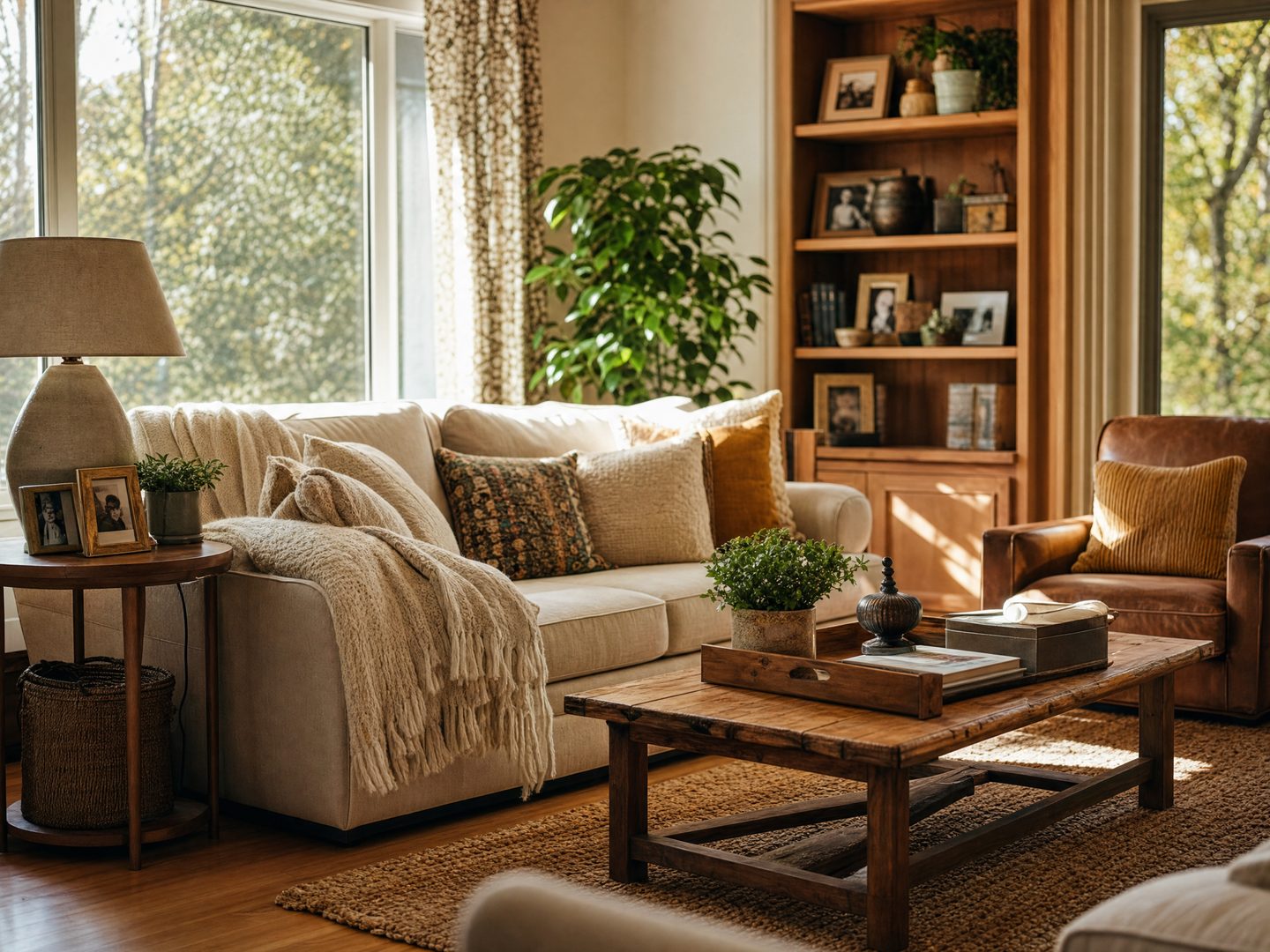 A cozy, sunlit living room in a welcoming residential community home.